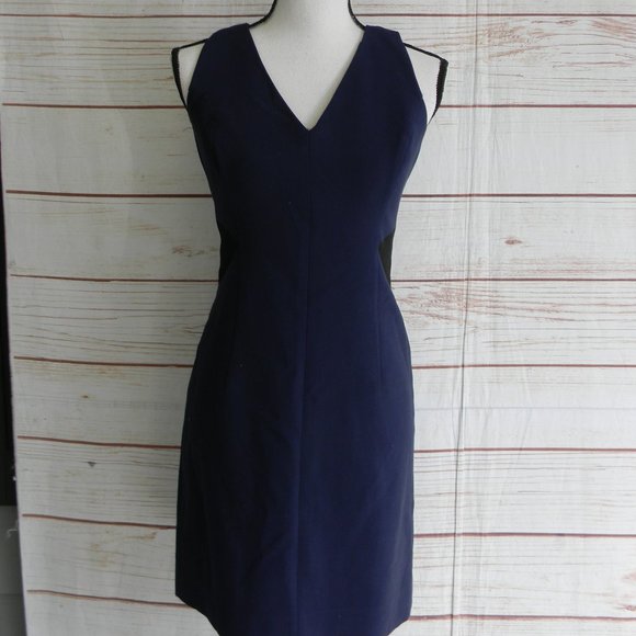 MILLY WM'S NAVY BLUE EXPOSED BACK ZIPPER CLASSIC V-NECK SHEATH DRESS CAREER SZ 2 - Picture 1 of 5